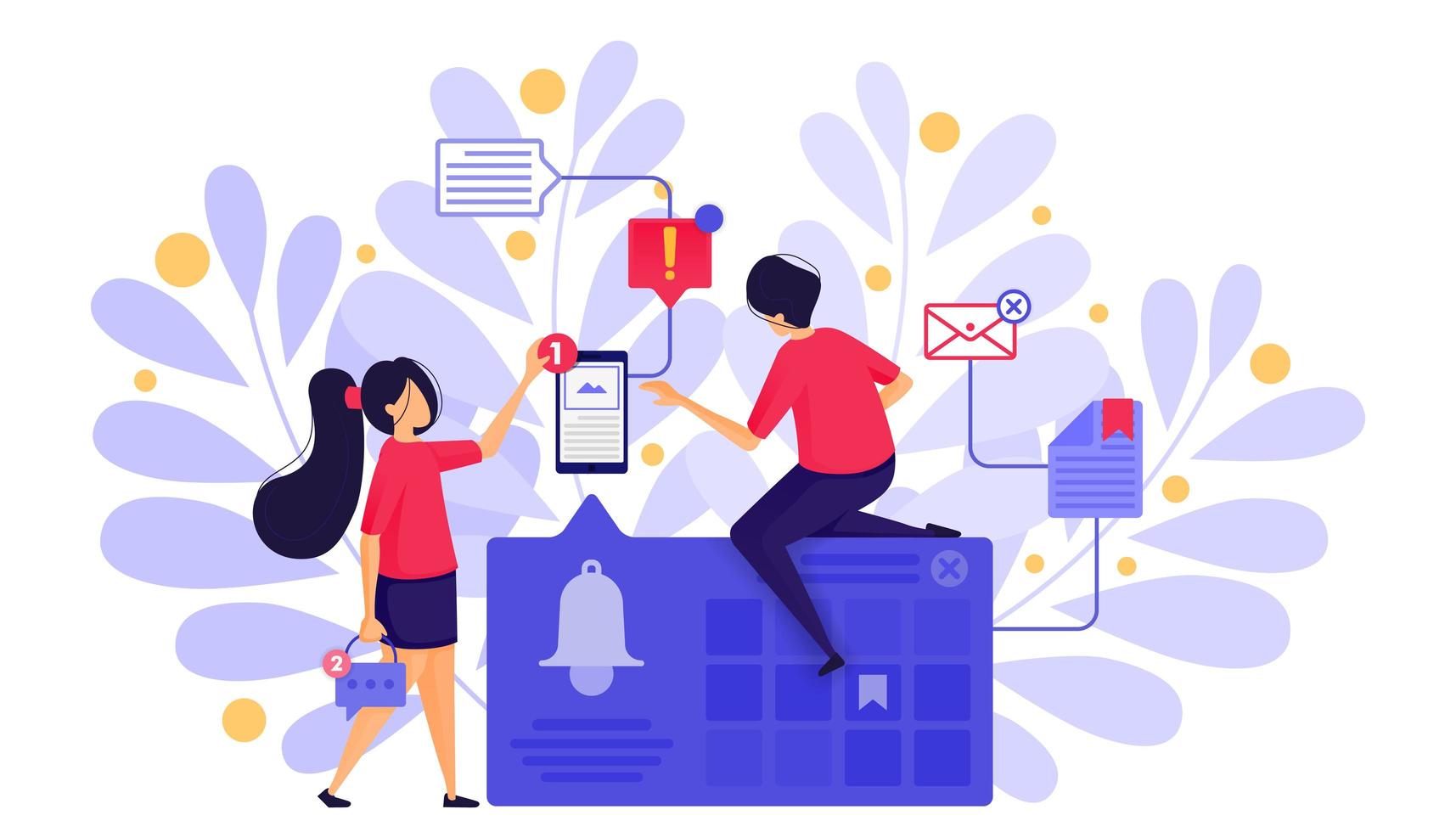 People Set Bell Notifications or Ringing Bell Alarms to Send Messages And Set Schedules With Bookmark in Calendar. Character Concept Vector Illustration For Web Landing Page, Banner, Mobile Apps, Card
