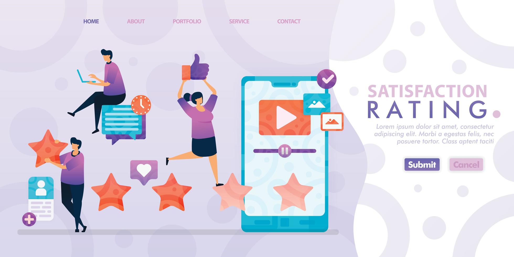 Landing page design of Satisfaction Rating with flat Illustration cartoon character. Business data visualization of layout diagram, banner, web design,  web page, website, homepage, mobile apps, UI. vector