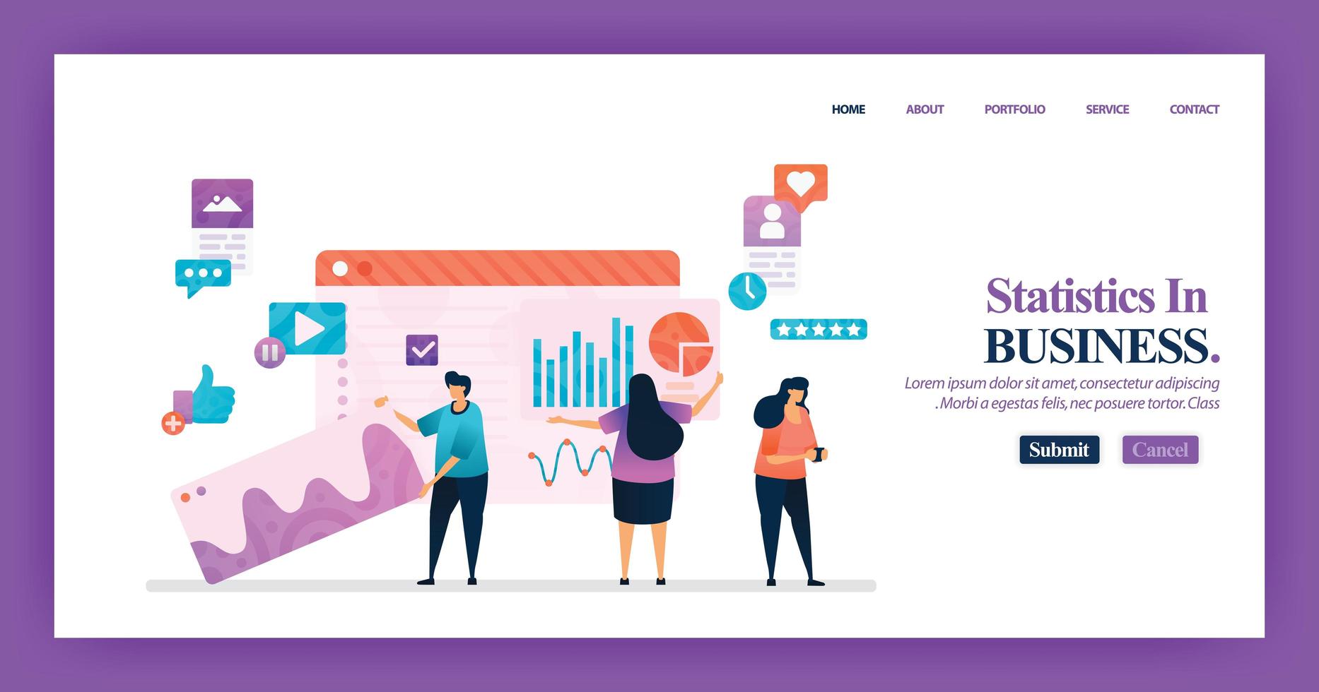 Landing page design of Business Statistics with flat Illustration cartoon character. Business data visualization of layout diagram, banner, web design,  web page, website, homepage, mobile apps, UI. vector