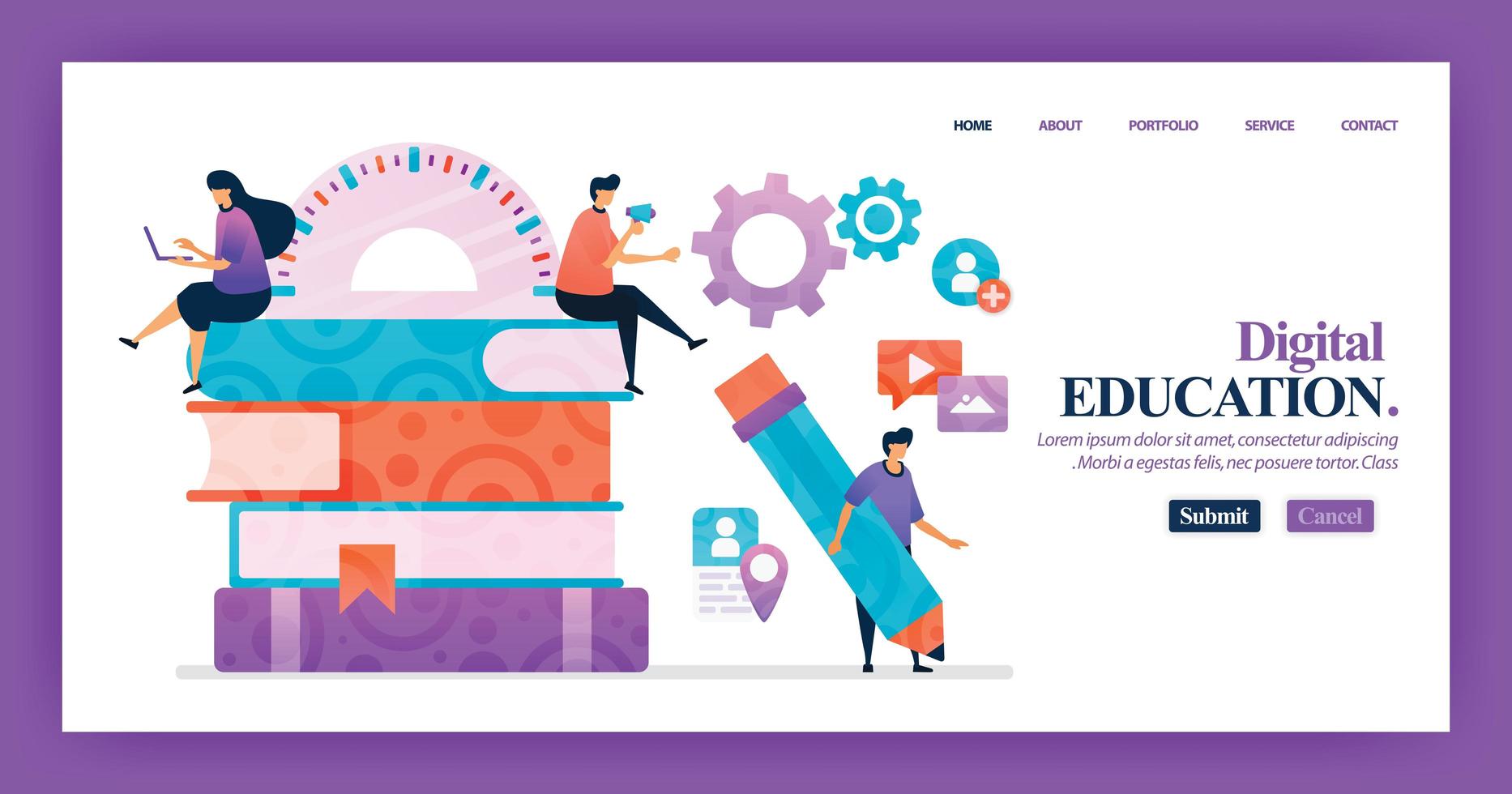 Landing page vector design of Digital education. Easy to edit and customize. Modern flat design concept of web page, website, homepage, mobile apps. character cartoon Illustration flat style.