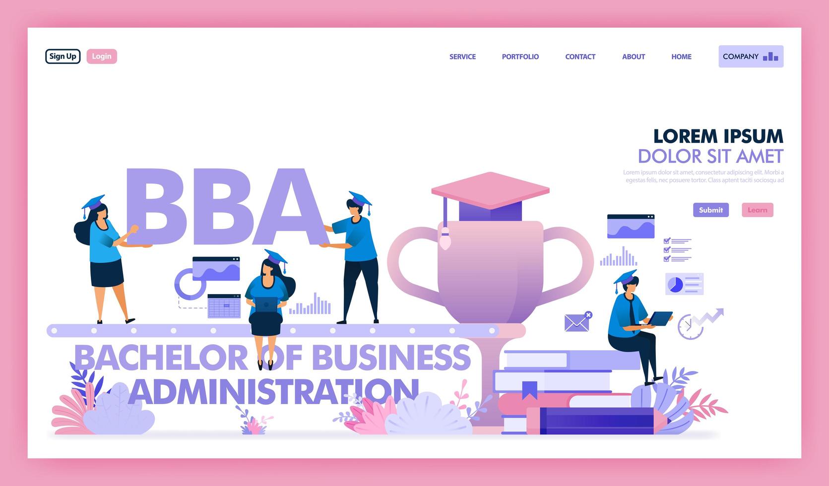 BBA or bachelor of business administration is a university program for business and economics, people learn to get a degree master of business administration or MBA. Flat illustration vector design.