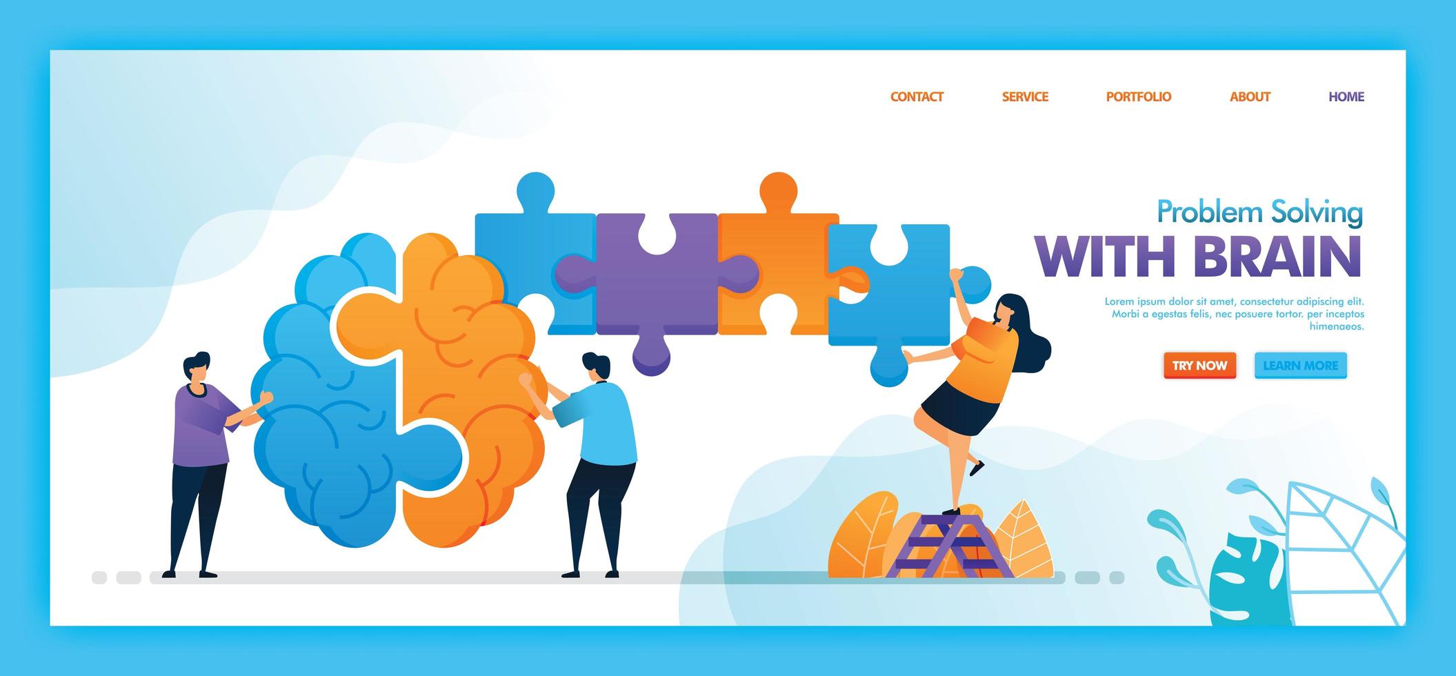 Landing page vector design of problem solving with brain. Easy to edit and customize. Modern flat design concept of web page, website, homepage, mobile apps. character cartoon Illustration flat style.