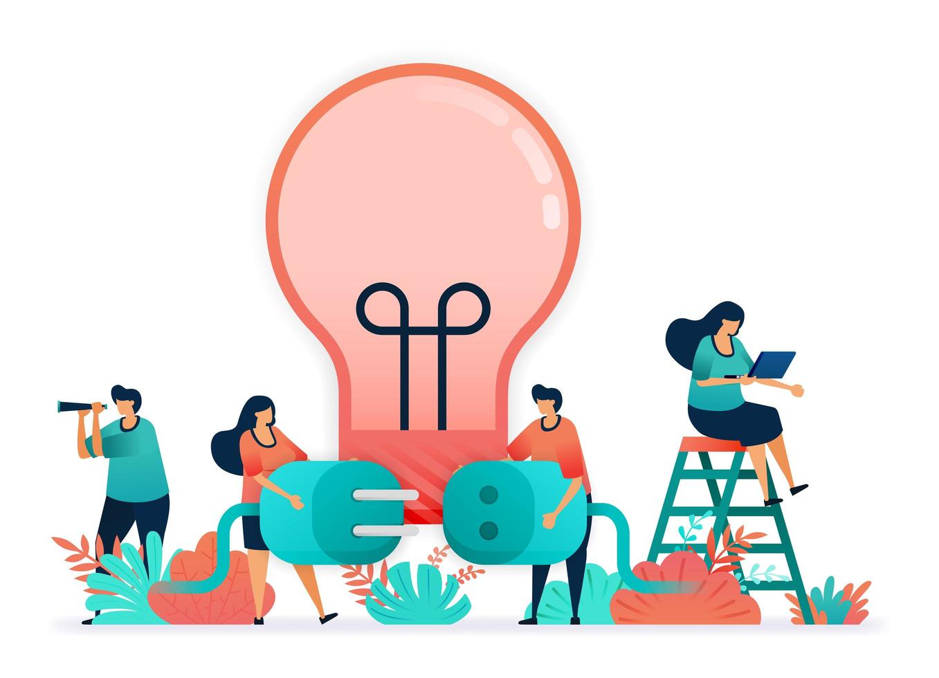 Light bulbs to light with electricity. connect plug and sockets. metaphor of ideas, inspiration, teamwork. Creativity at business, independently in solving problem, brainstorming for solution vector