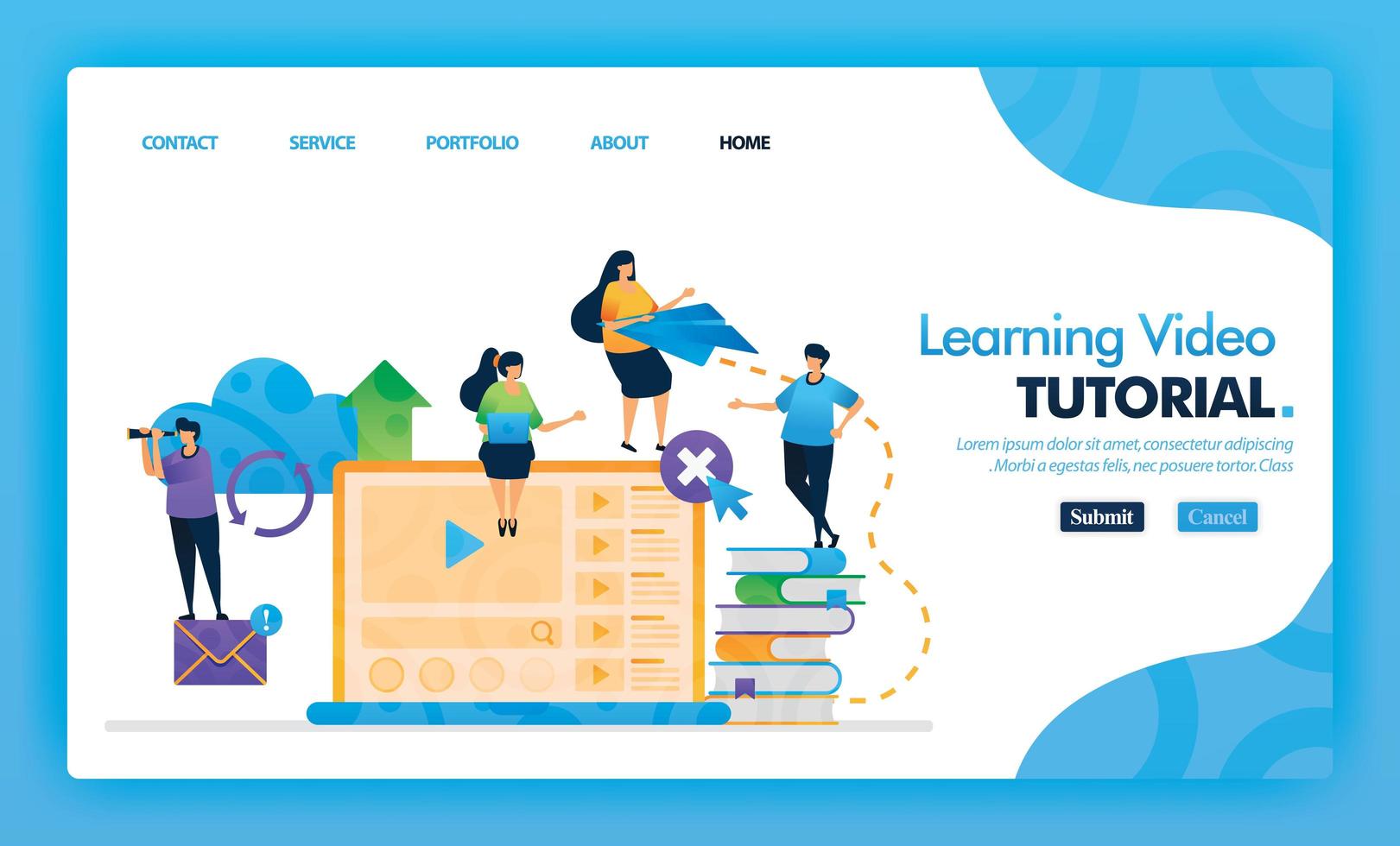 Learning Video Tutorial landing page blue vector concept with flat cartoon character and icon. homepage design can be use for landing page, web, mobile apps ui, poster, flyer, marketing, promotion.