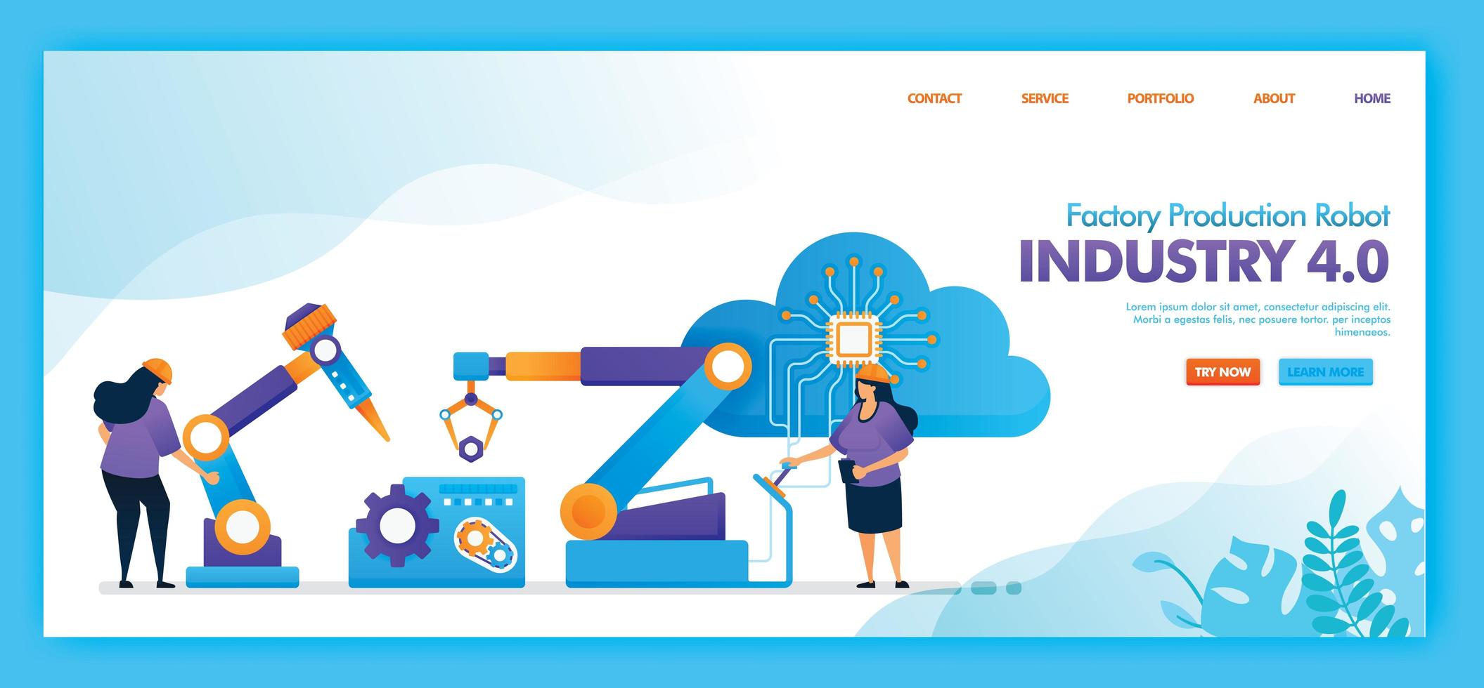 Landing page vector design of factory production robot industry 4.0 . Easy to edit and customize. Modern flat design concept of web page, website, homepage, mobile apps. character cartoon flat style.