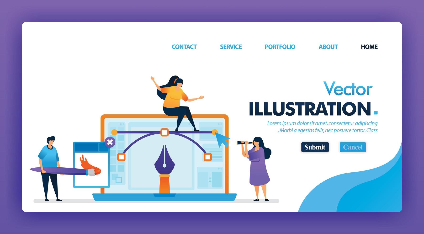 Vector illustration or graphic designer concept design for landing pages. flat cartoon character painting with software and laptop. can be use for homepage, website, web, mobile apps ui, poster, flyer