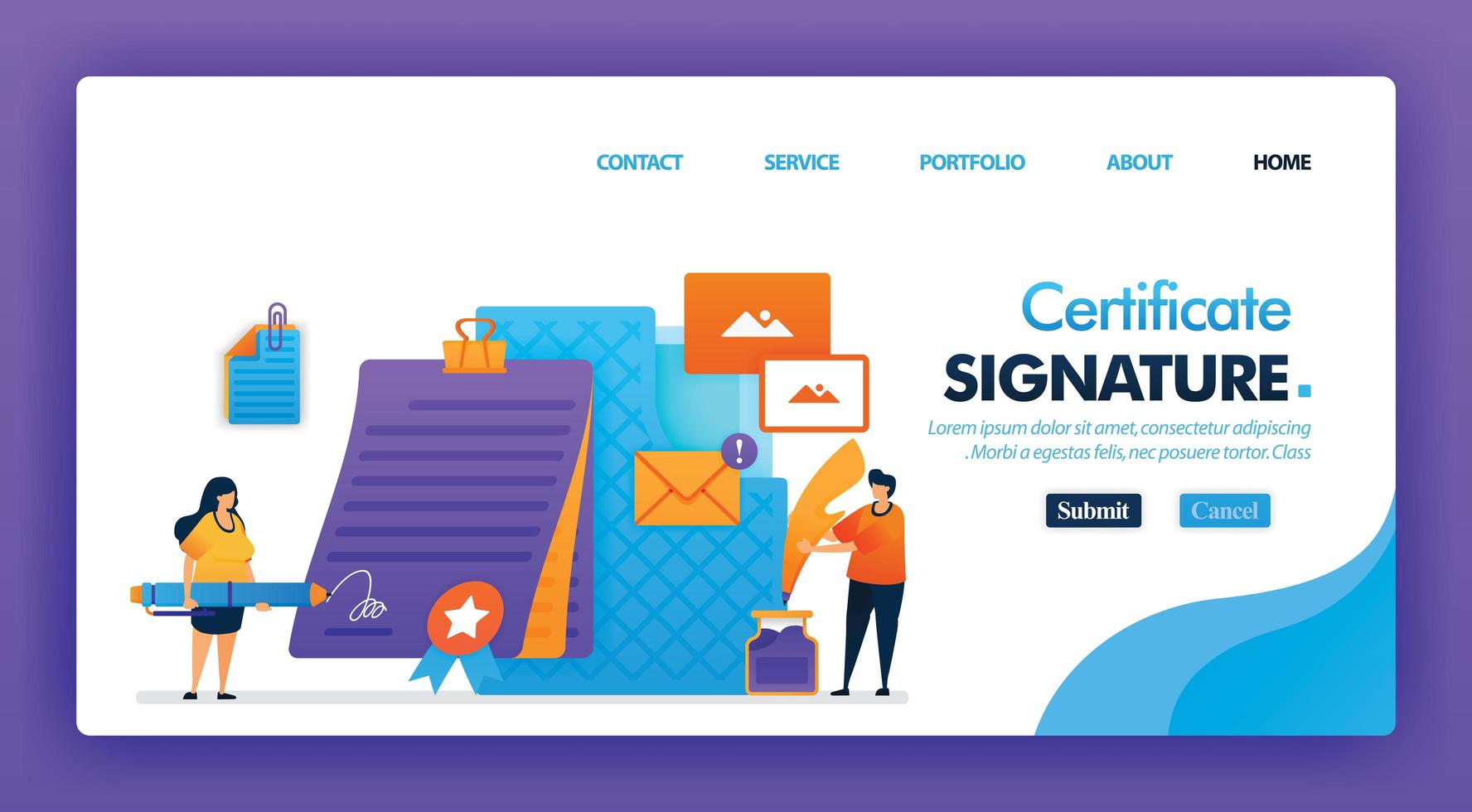 diseño de concepto de certificado de firma para páginas de destino. Personaje de dibujos animados plana firmar contratos digitales con e-Agreement en lápiz para documentos. se puede utilizar para la página de inicio, sitio web, web, aplicaciones móviles, póster vector