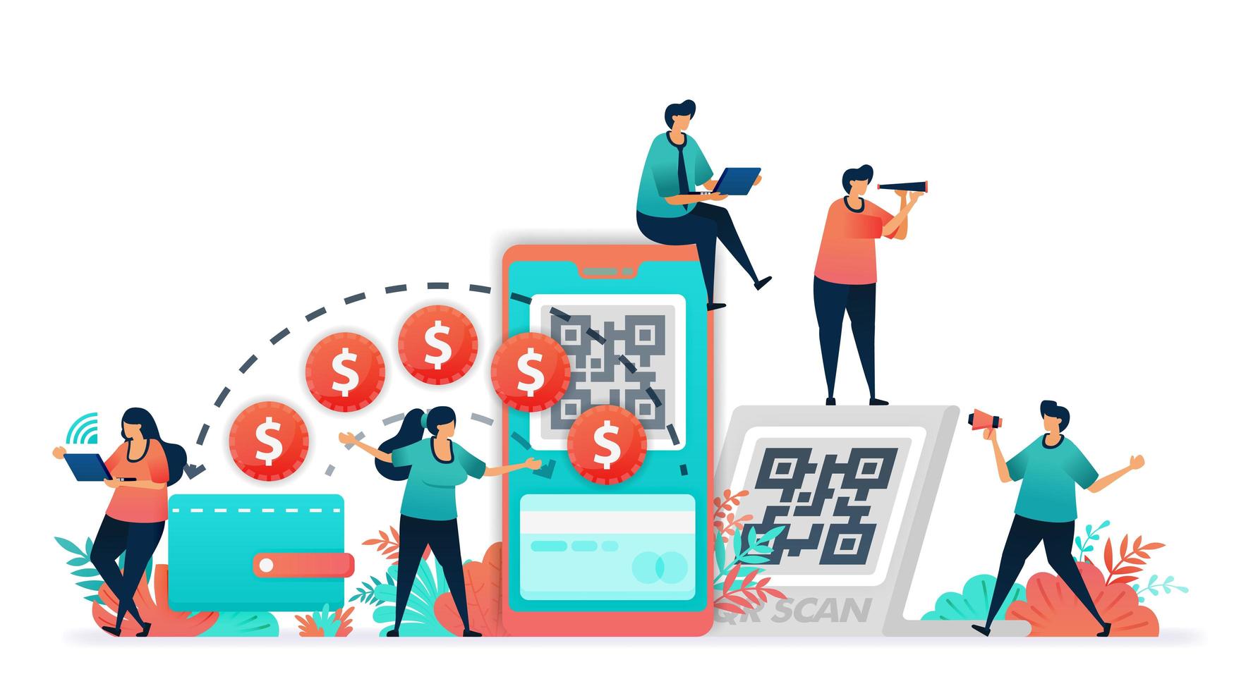 conversión de transacción convencional con billetes o dinero a billetera digital. escanee el código qr para banca móvil y sistema de pago sin efectivo, tecnología financiera o tecnología financiera, sociedad sin efectivo. vector