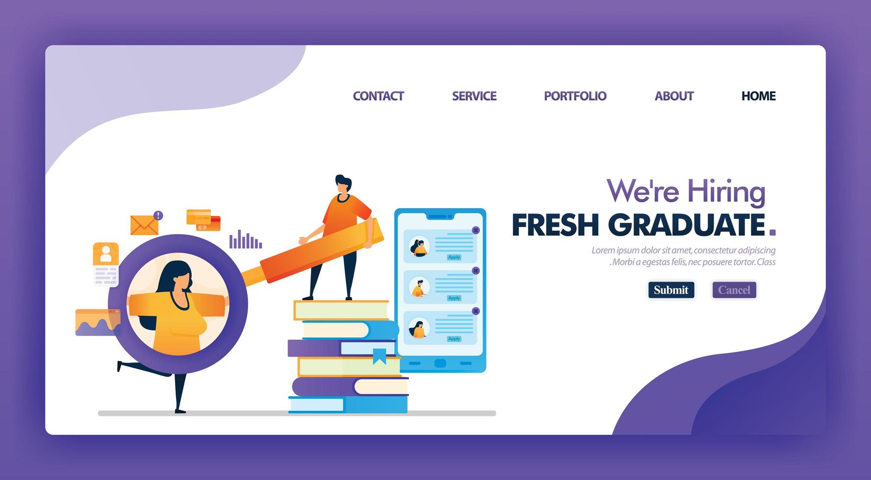 we're hiring fresh graduate concept design for landing page. flat cartoon character holding magnifying glass to see detail of job applicant data. can use for homepage, website, web, mobile app, poster vector