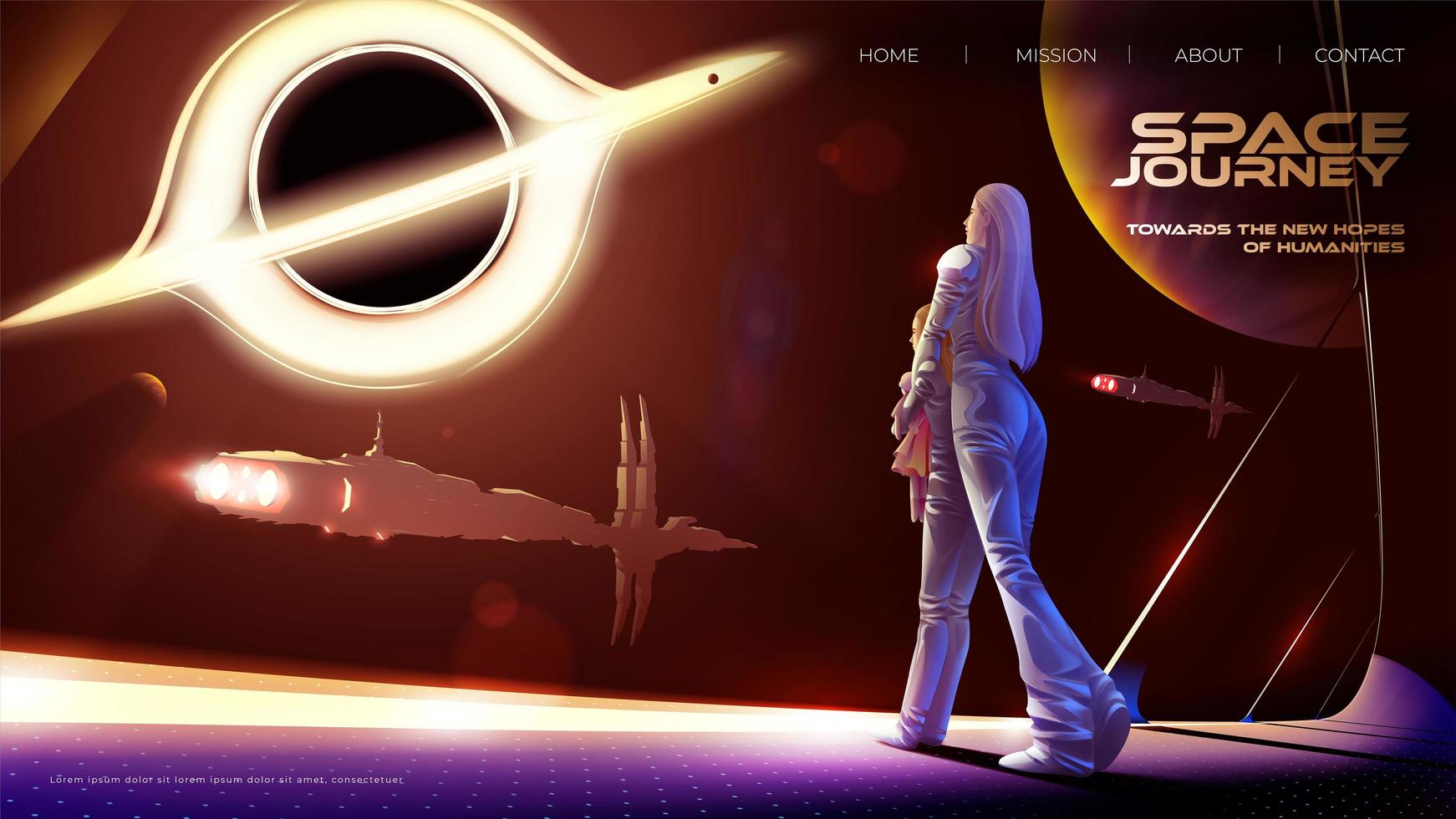 madre e hija están de pie en el observatorio dentro de la nave espacial de la colonia y miran hacia el agujero negro y la flota espacial. vector