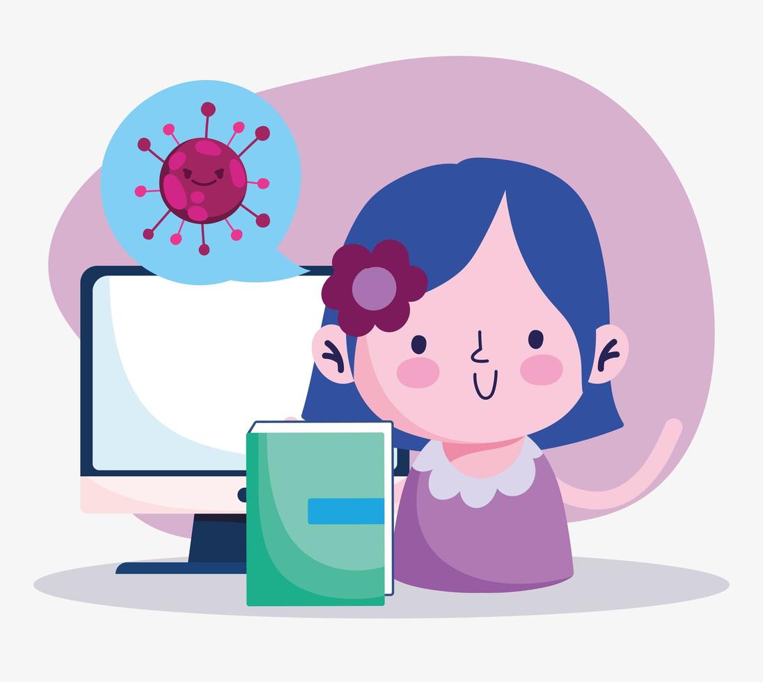 education online, student girl with book and computer, coronavirus pandemic vector