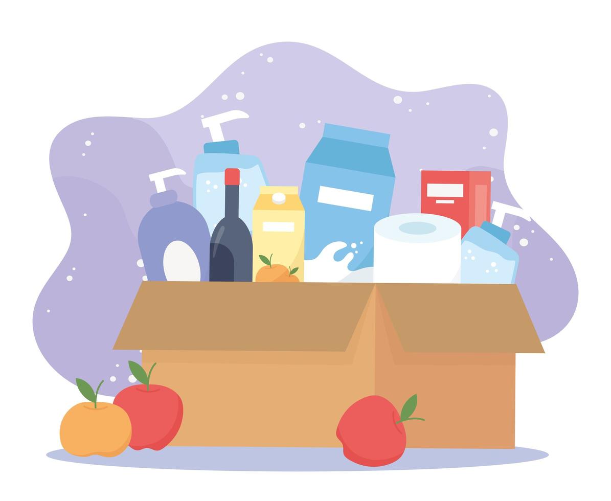 full cardboard box with wine, food toilet paper cleaning products, excess purchase vector