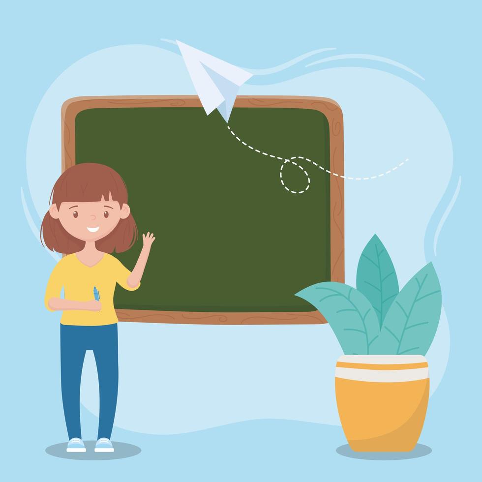 online education, teacher with pen chalkboard and plant vector