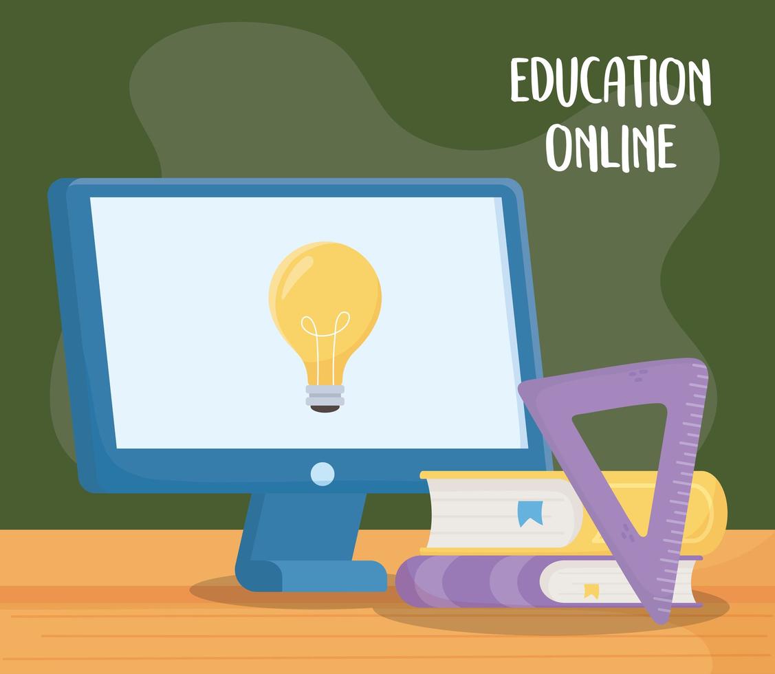 online education, computer books ruler in desk vector