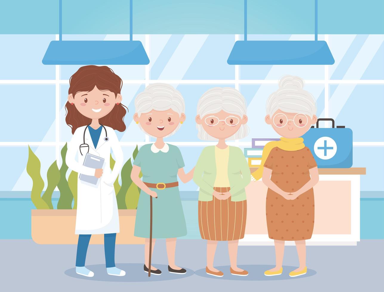 female physician and group grandmothers in hospital, doctors and elderly people vector