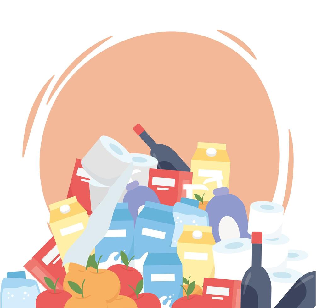 supermarket products stack, wine bottles food cleaning items excess purchase vector