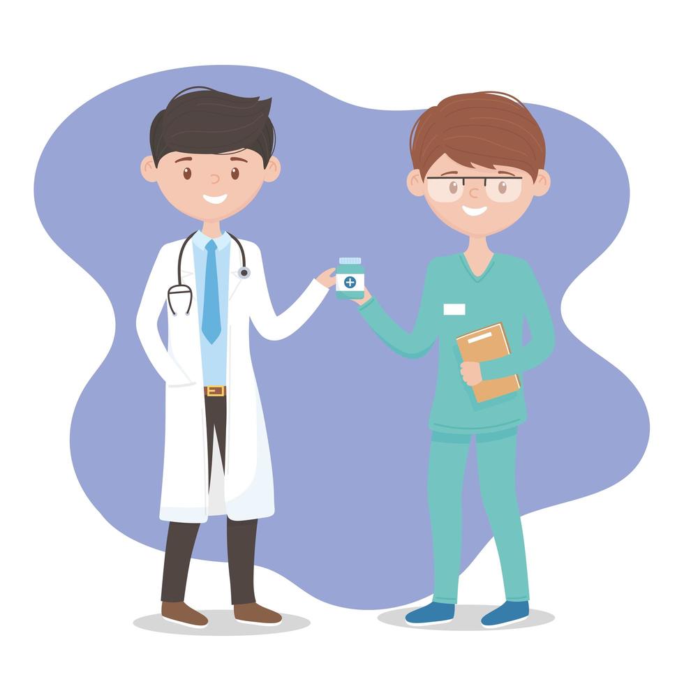 male physician and nurse with medicine bottle, doctors and elderly people vector