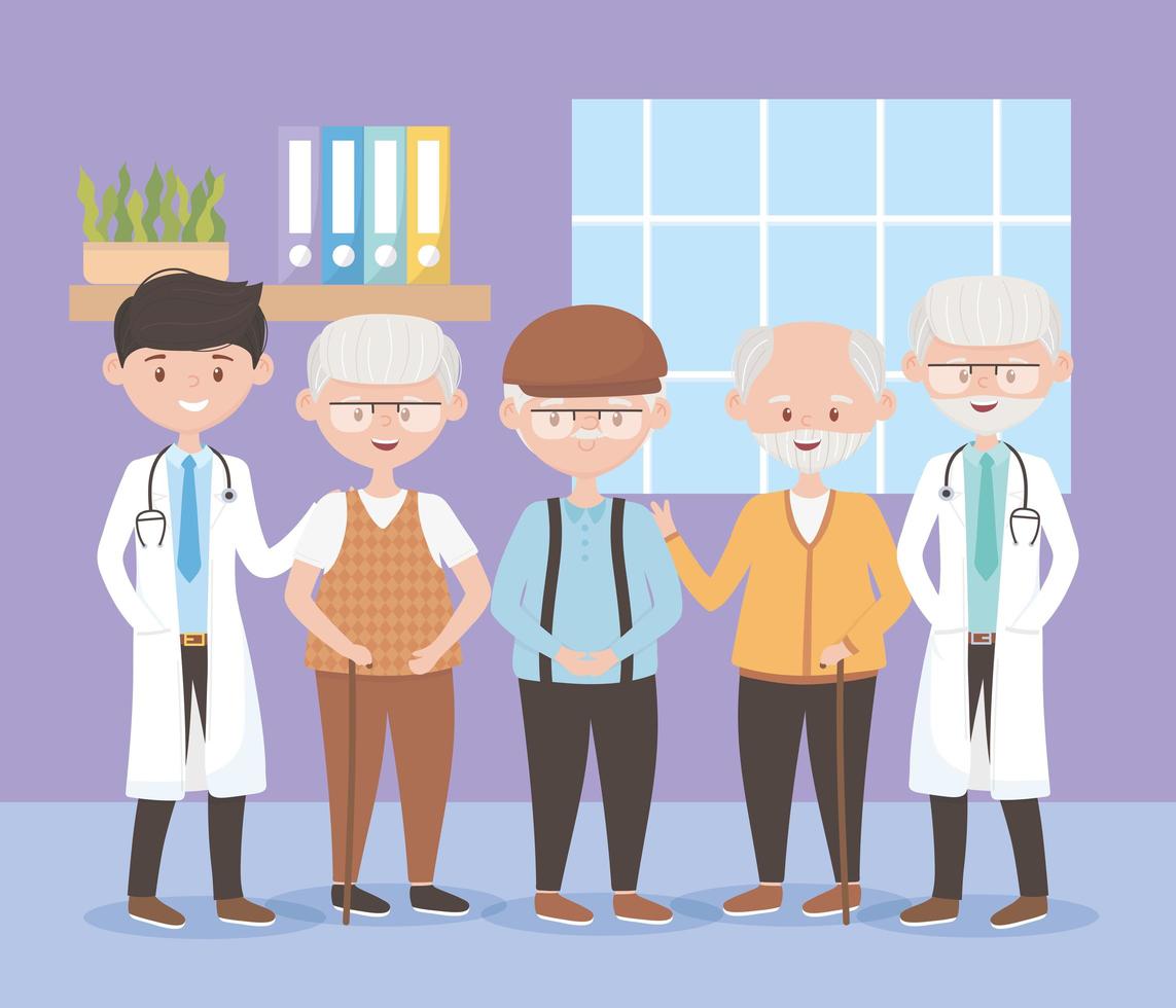 physicians and group grandfathers characters, doctors and elderly people vector