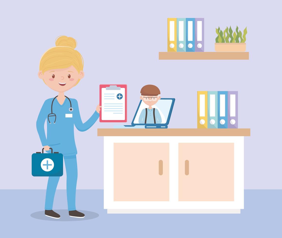 nurse with stethoscope and medical report online consultation grandpa, doctors and elderly people vector