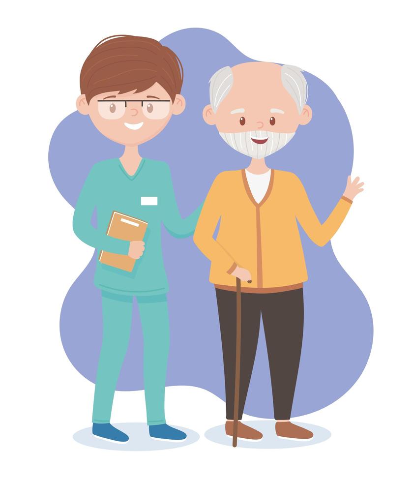 grandpa and nurse male staff, doctors and elderly people vector