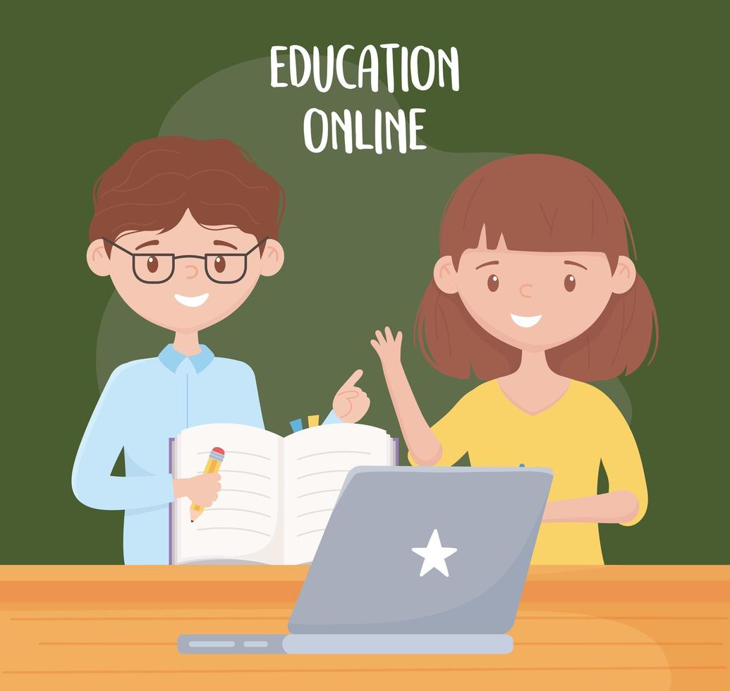 Educación en línea, profesores con bolígrafo y portátil en el escritorio. vector