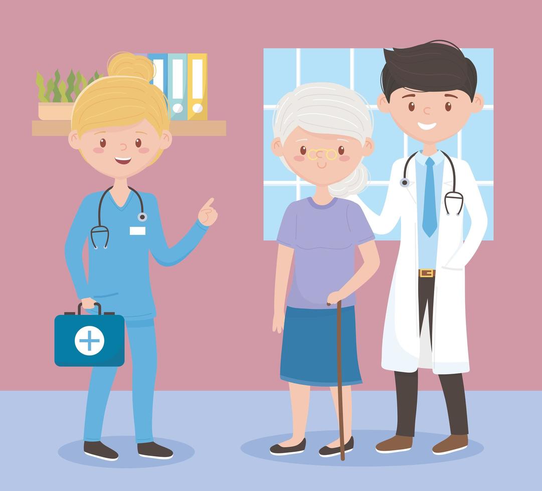 physician and murse with old woman patient, doctors and elderly people vector