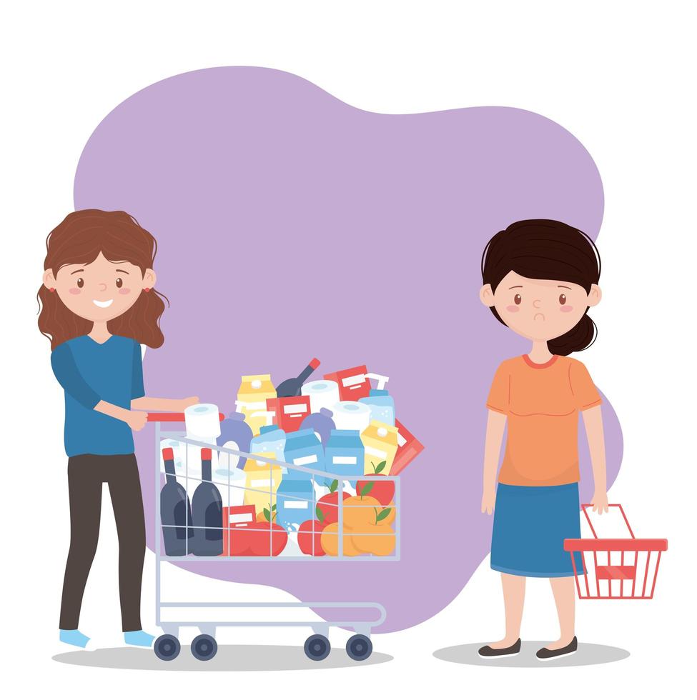 woman with full shopping cart and another worried with empty basket, excess purchase vector