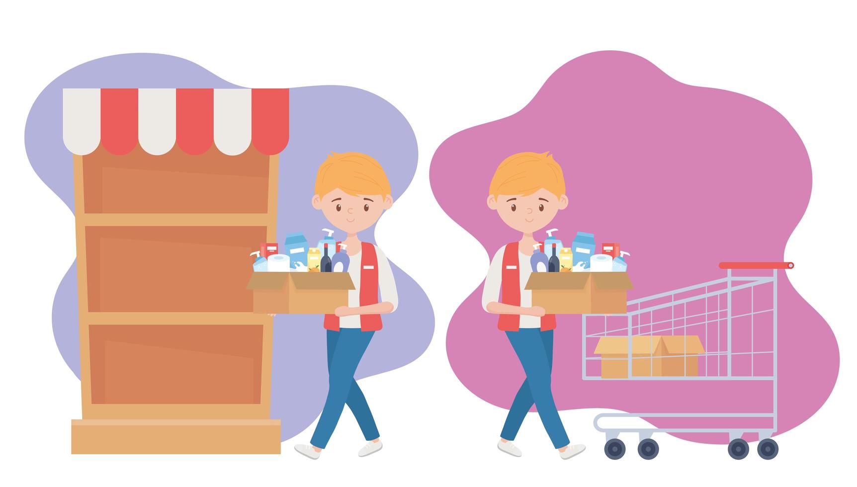 seller guy with boxes supermarket shelf cart food excess purchase vector