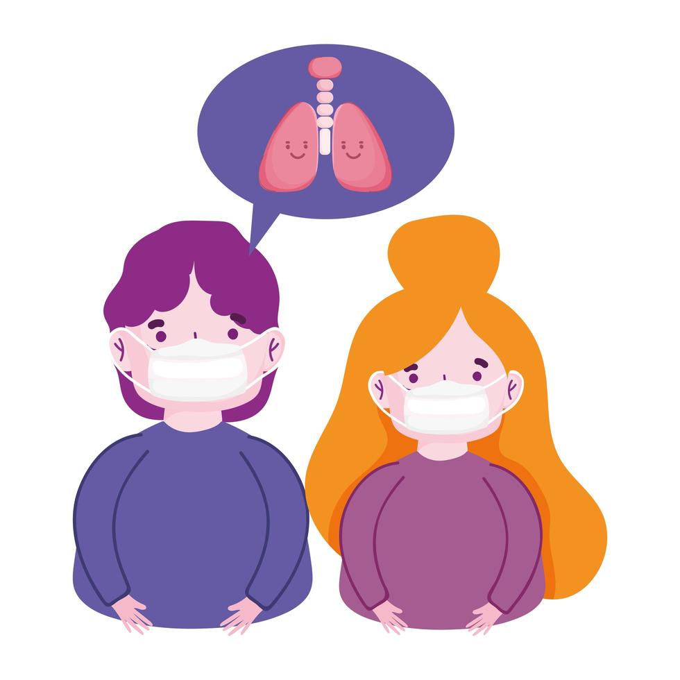 covid 19 coronavirus pandemic, boy and girl wearing prevent mask vector