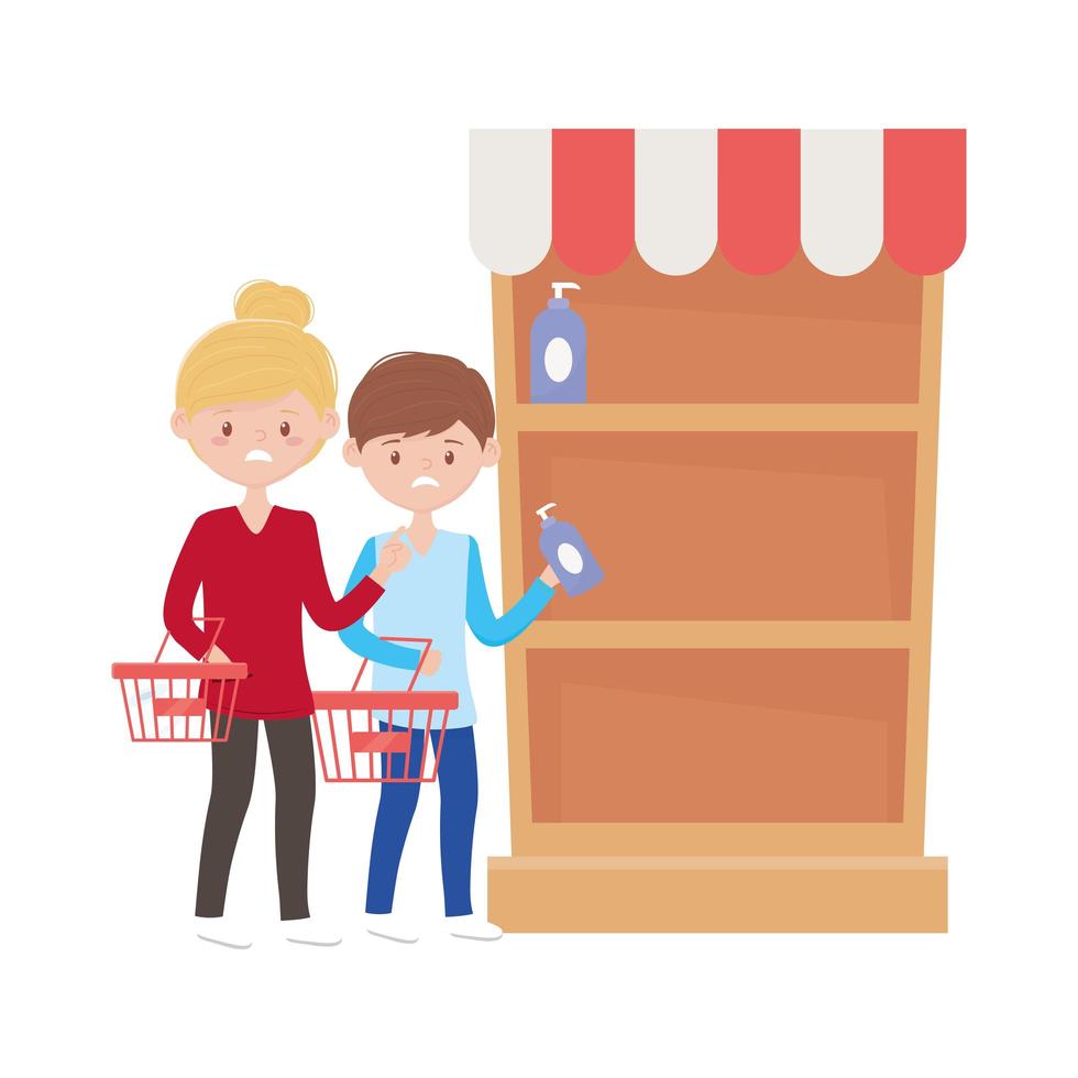 Woman and man shopping with baskets and shelf vector design