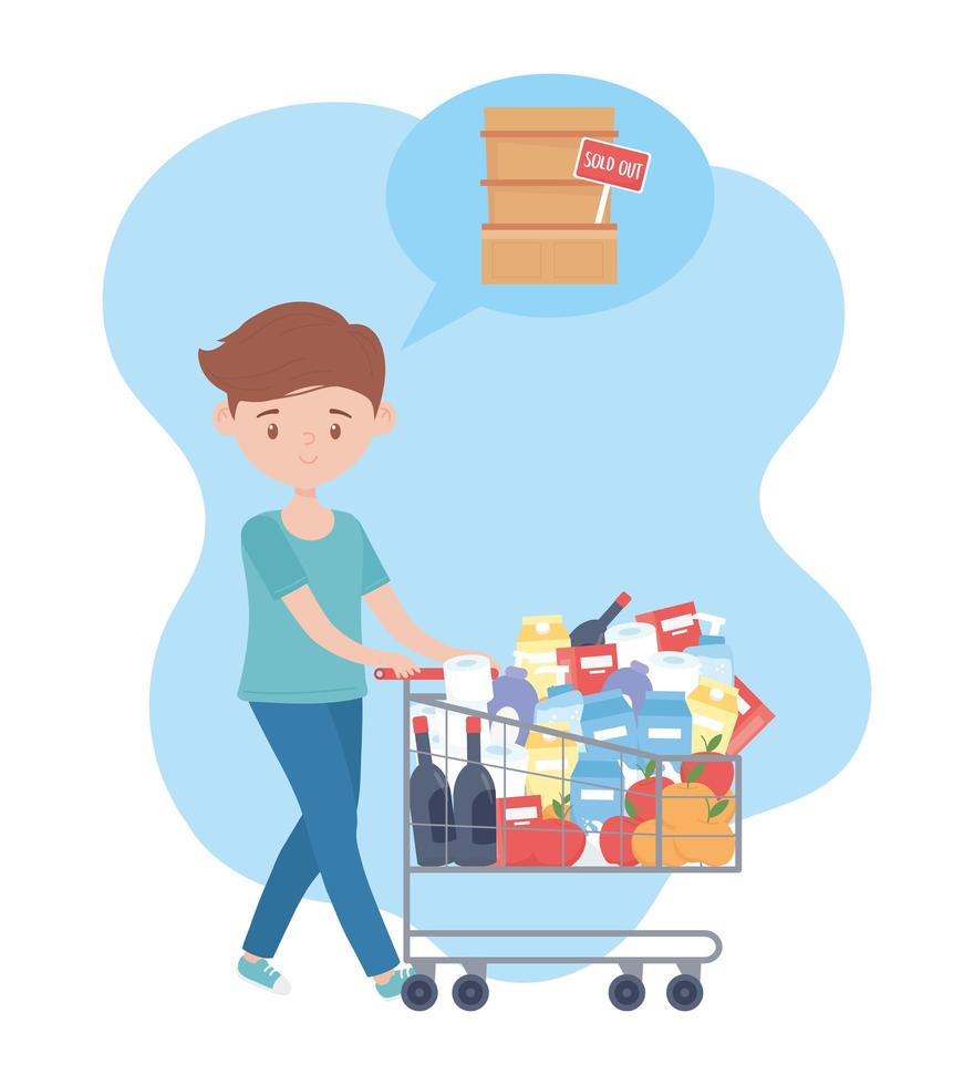 guy with filled shopping cart food vector