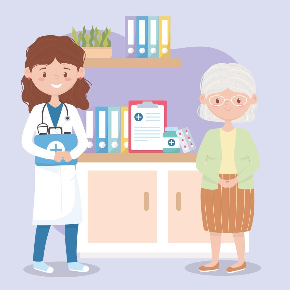 female physician with kit first aid and grandmother in room clinic, doctors and elderly people vector