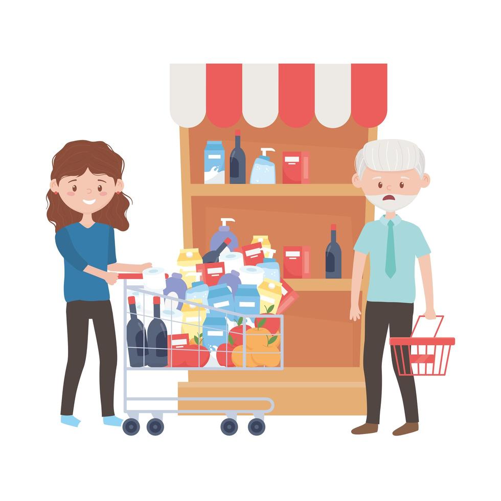 Old man and woman shopping with cart and basket vector design