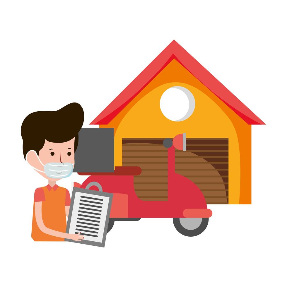 delivery man motorcycle warehouse ecommerce online shopping covid 19 coronavirus vector