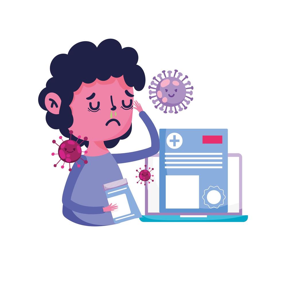 Man with cold laptop and Covid 19 virus vector design