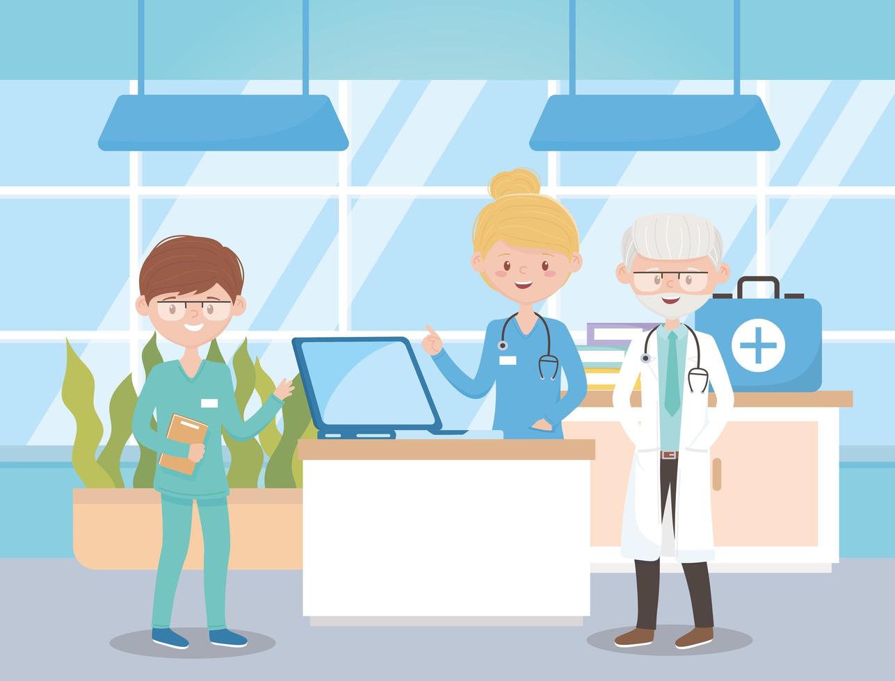 physicians nurse with medical kit in hospital, doctors and elderly people vector