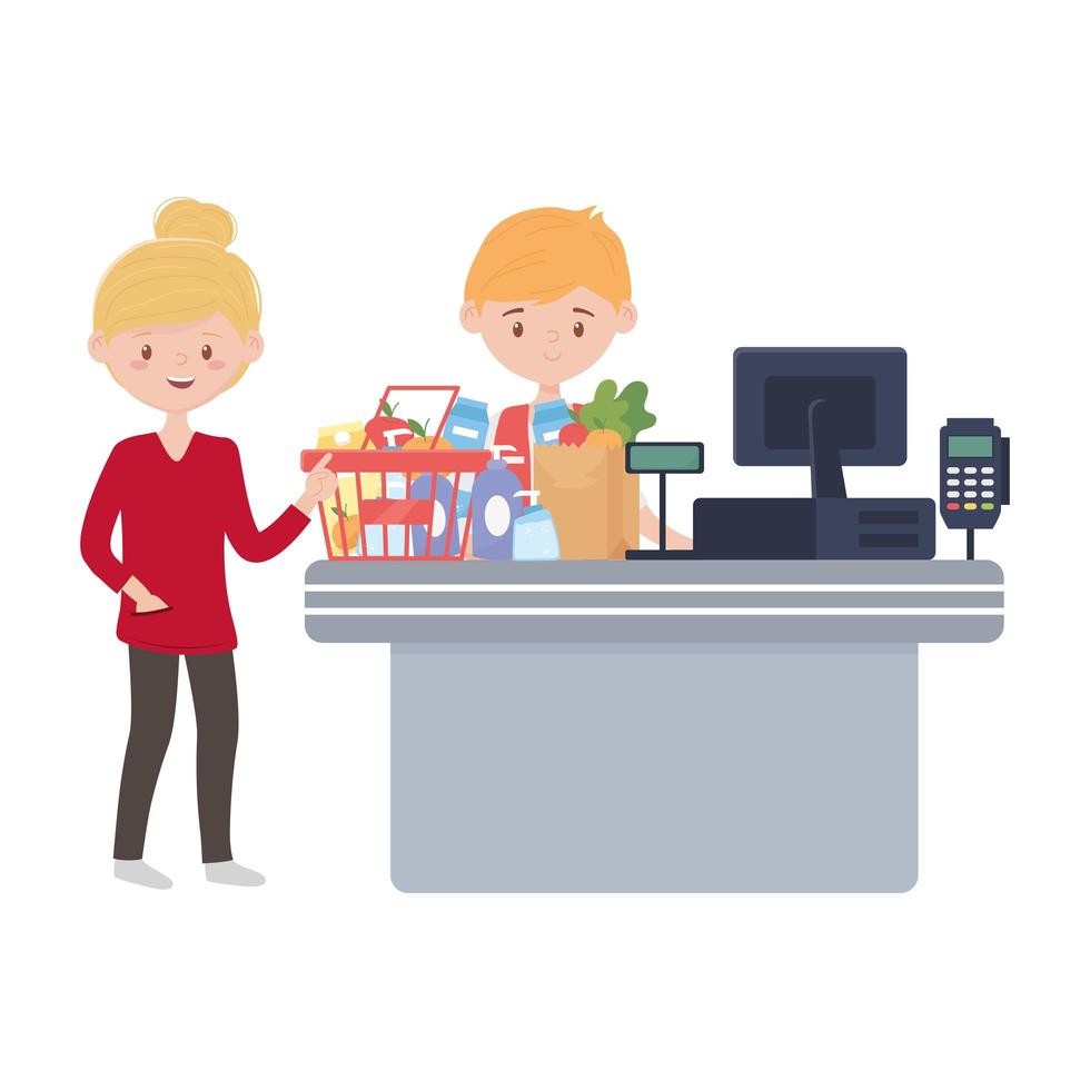 Counter with cash register seller and woman vector design