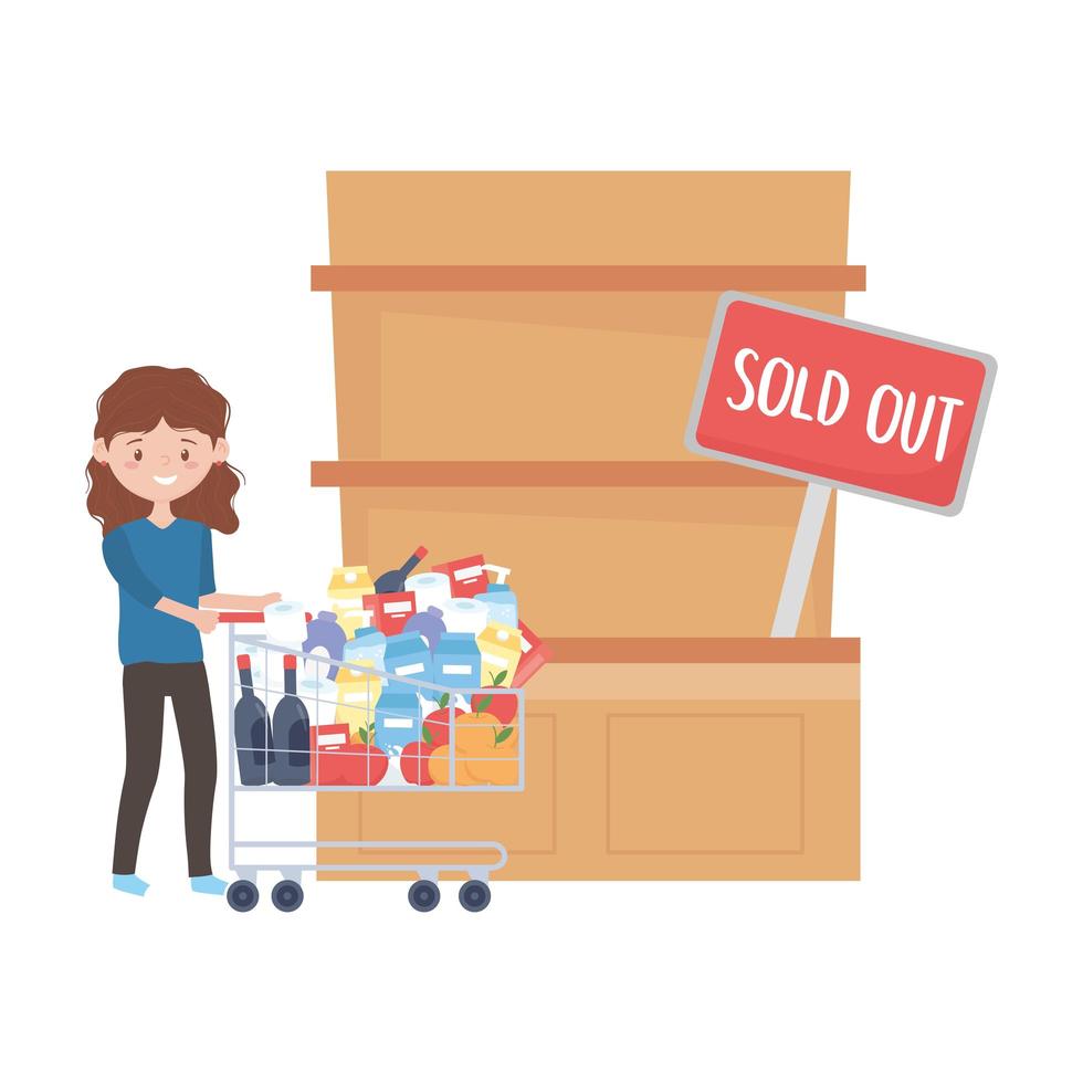 Woman shopping with cart shelf sold out banner and products vector design