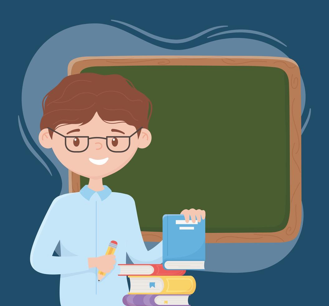 online education, teacher with pencil books and chalkboard vector