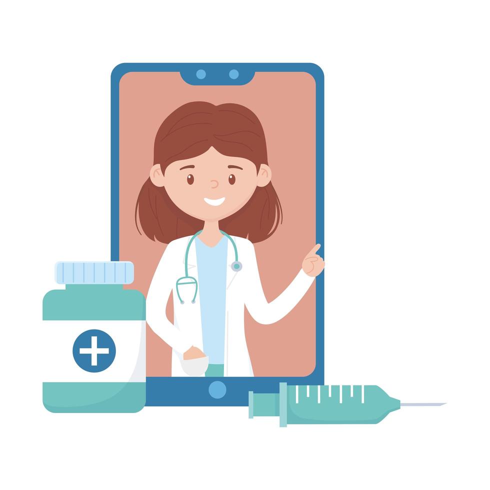 Isolated woman doctor inside smartphone and medicine jar vector design