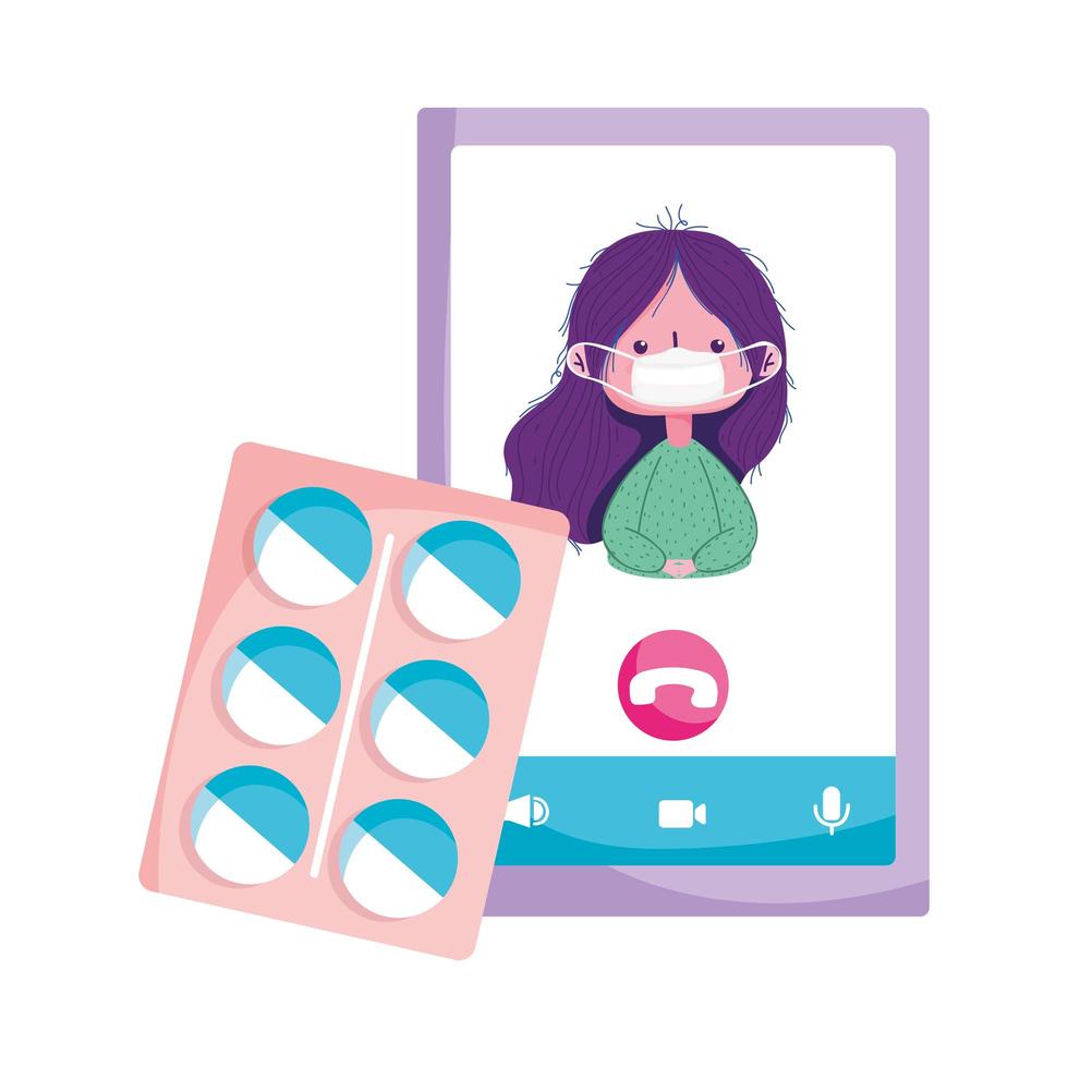 Isolated woman with mask pills and smartphone vector design