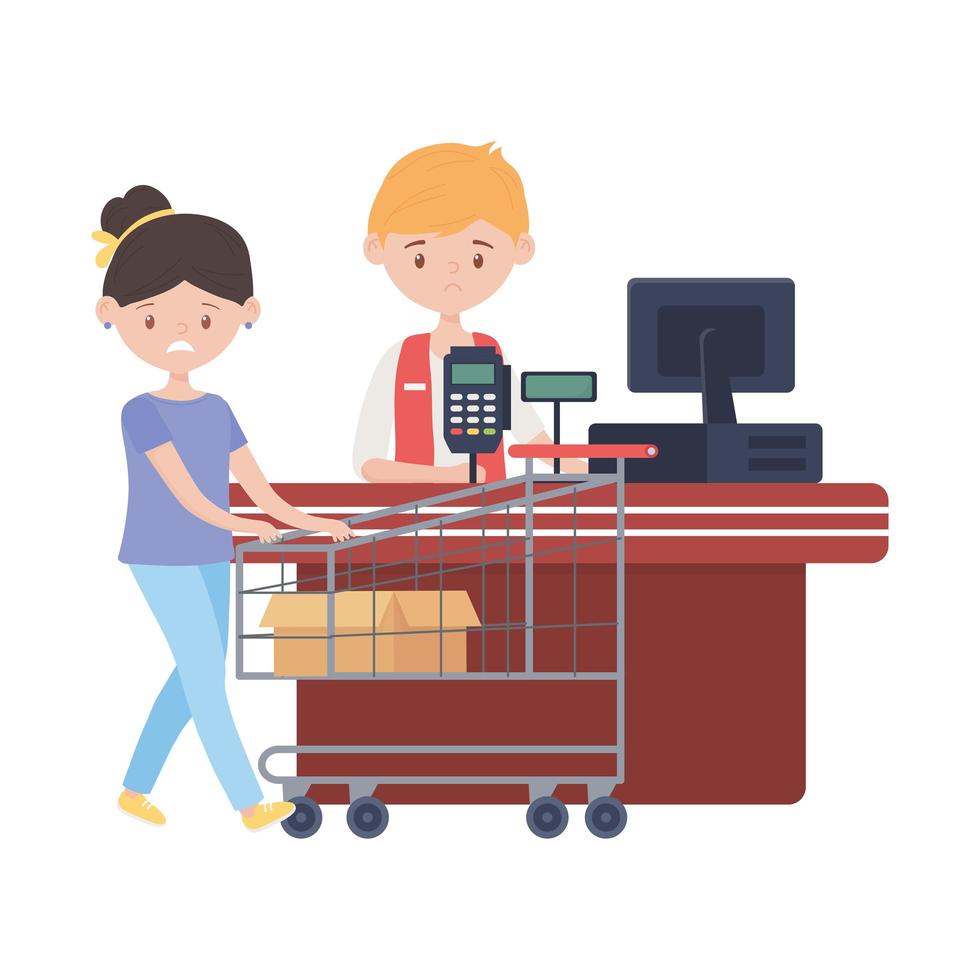 Counter with cash register seller and woman vector design