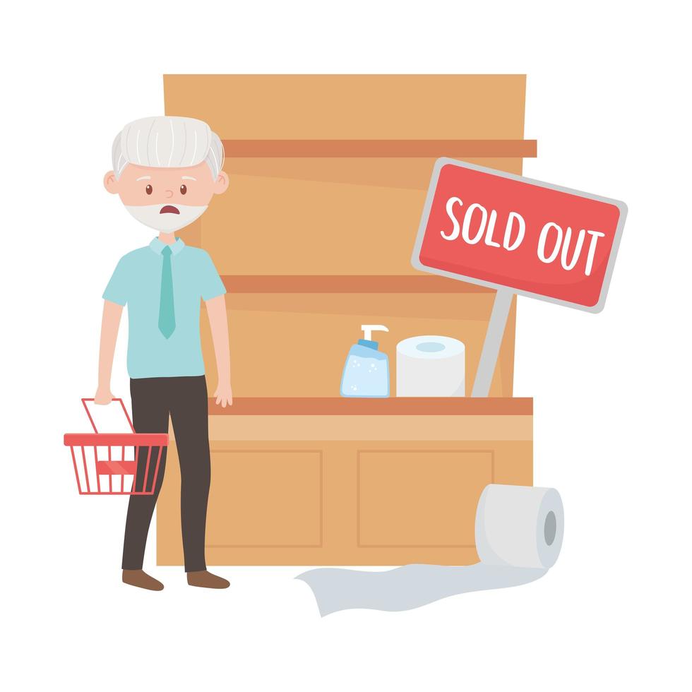 Old man shopping with basket shelf and sold out banner vector design