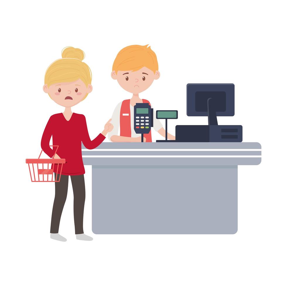 Counter with cash register seller and woman vector design