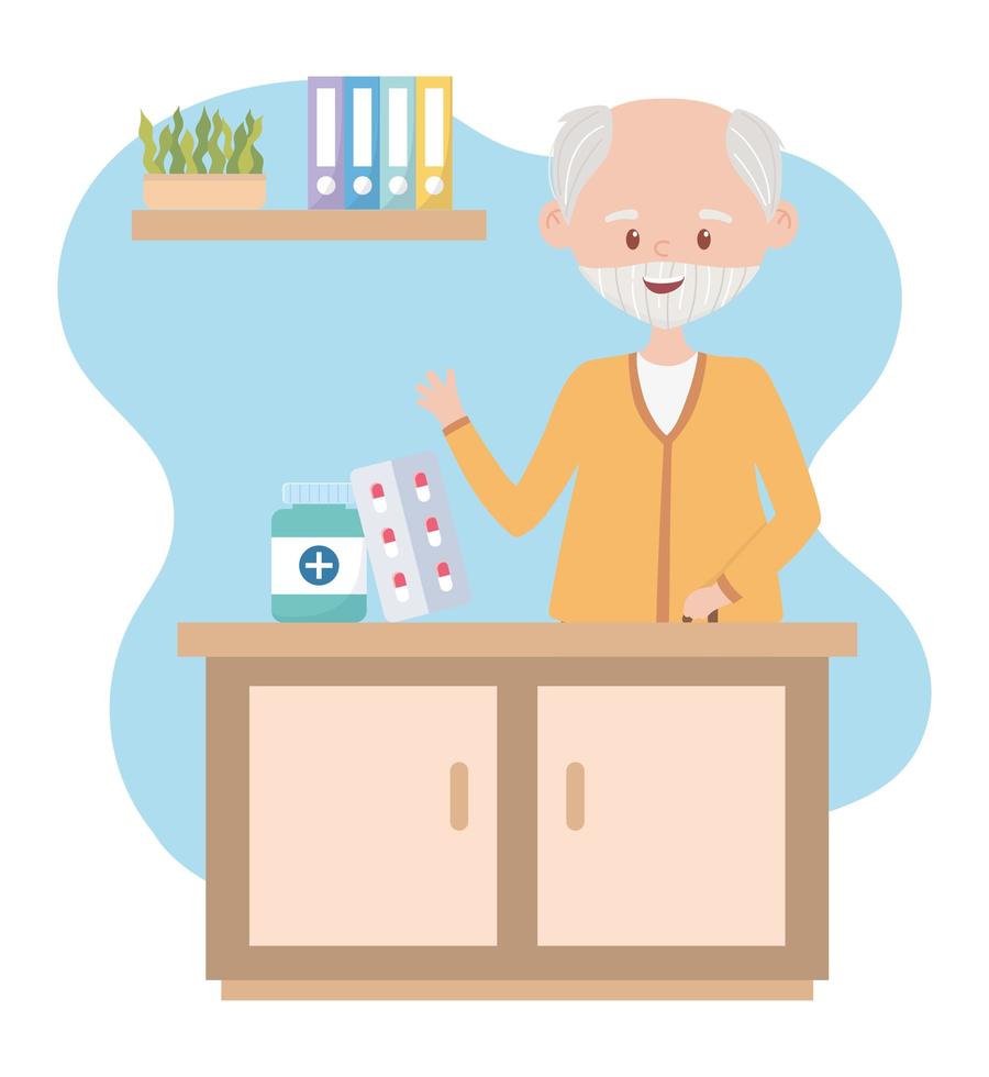 grandpa with prescription medicine, doctors and elderly people vector