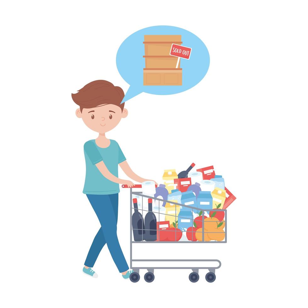 Hombre de compras con carrito y productos y diseño vectorial de estantería vector