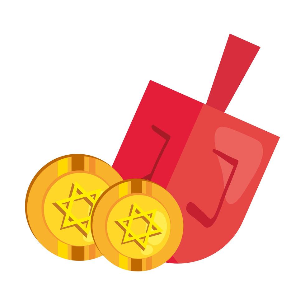 monedas judías con estrella dorada hanukkah y dreidel vector