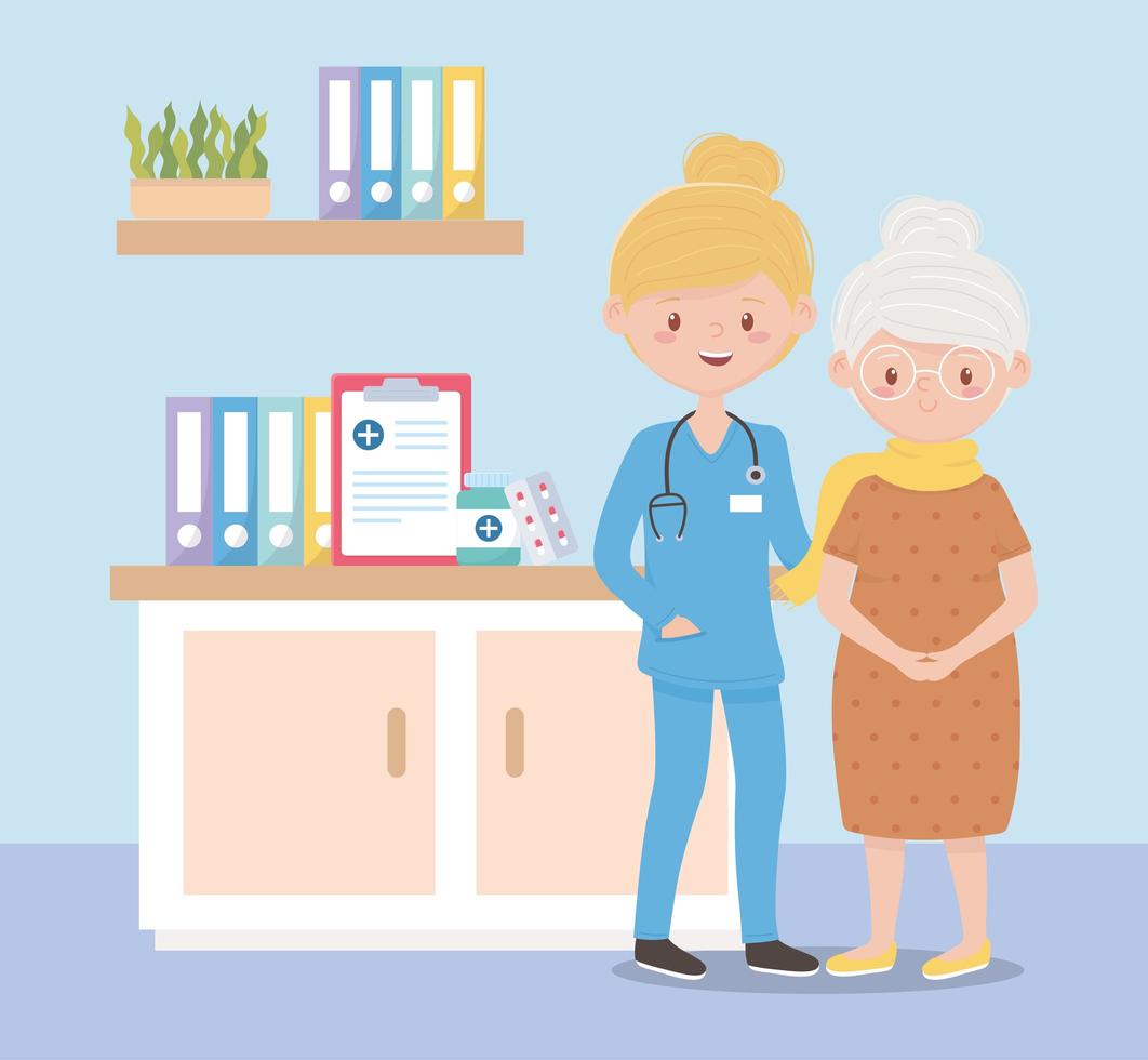 nurse and grandmother in consultation room, doctors and elderly people vector