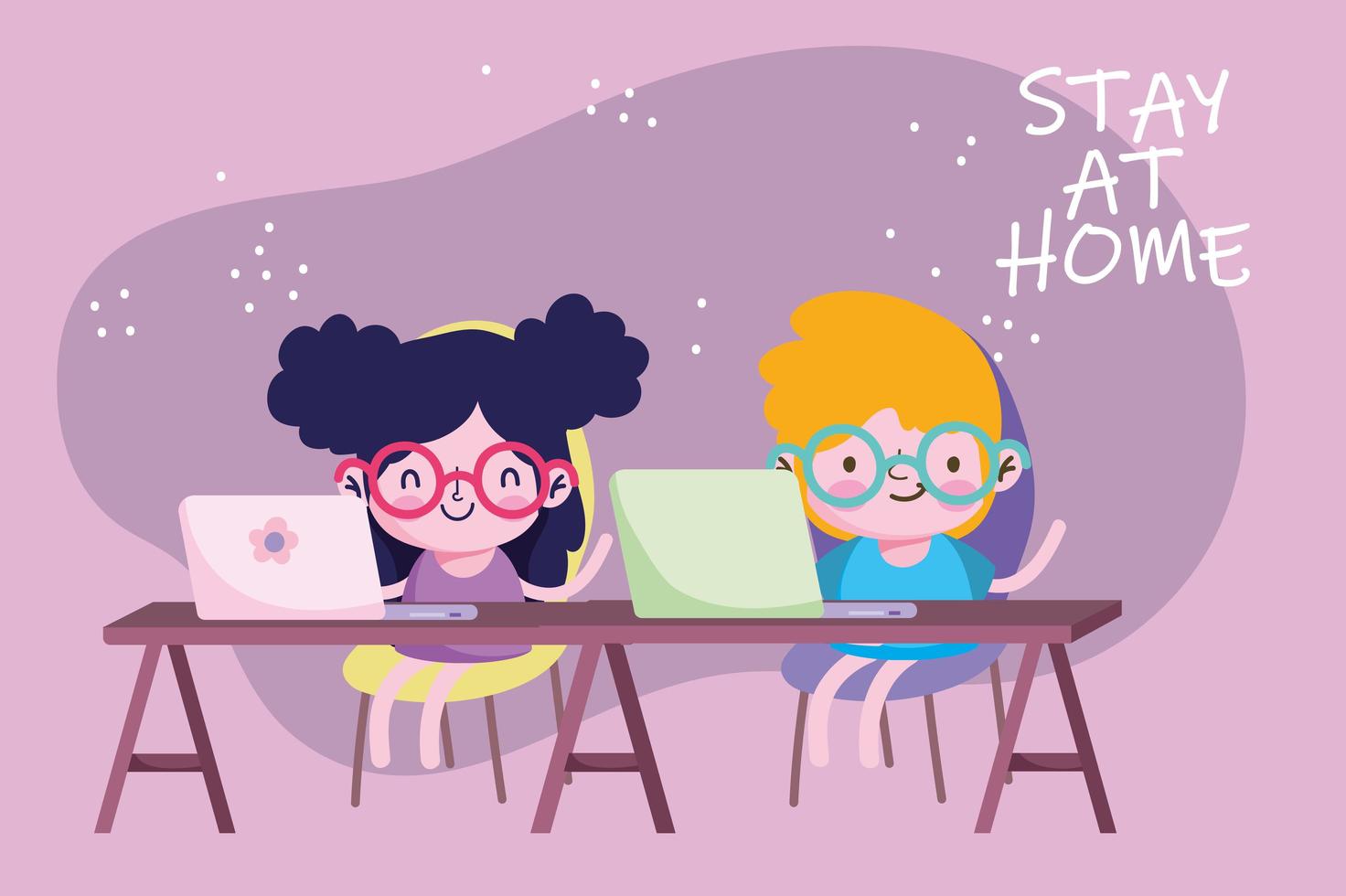 education online, stay at home, kids students with laptop study in desk vector