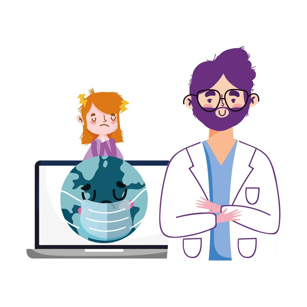 Man doctor world with mask woman and laptop vector design